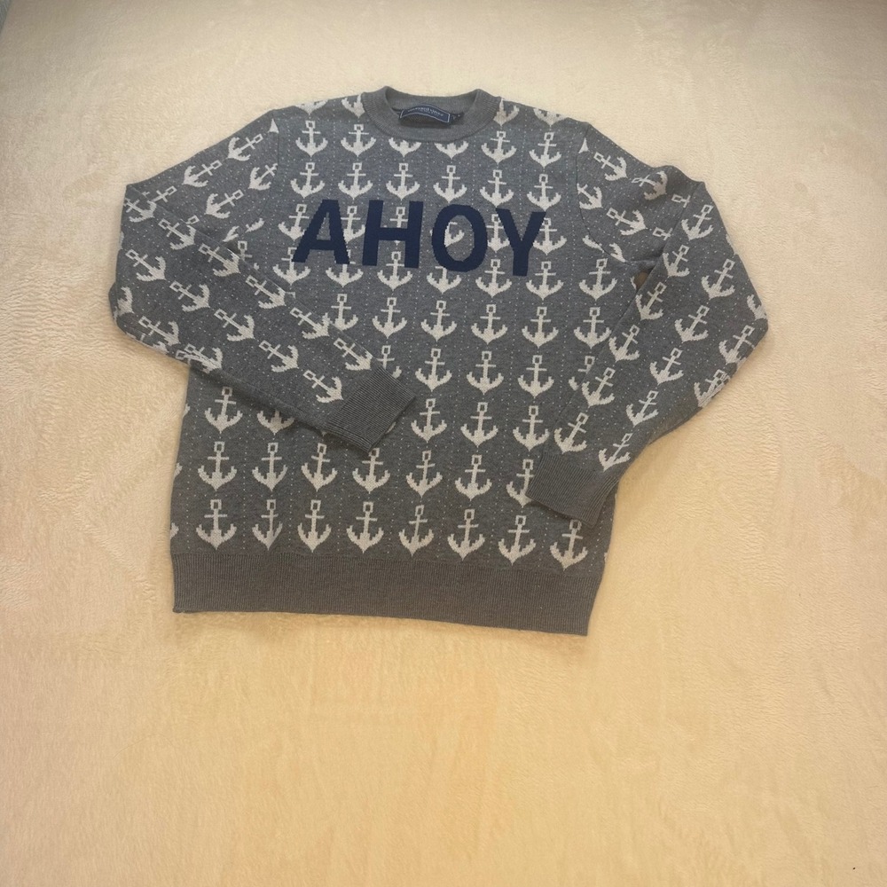 Vineyard Vines Women Gray Ahoy Anchor Crewneck Sweater Large Merino Wool Blend